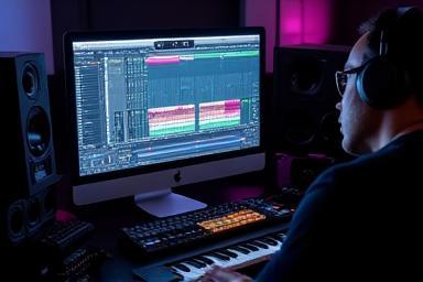Produtor musical trabalhando em um computador