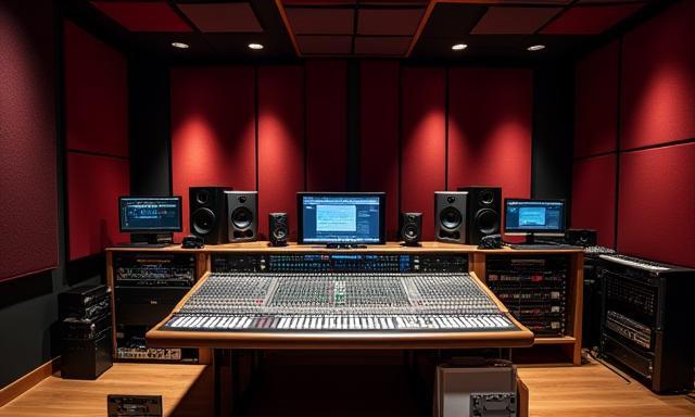 Sala de controle com console de mixagem e monitores