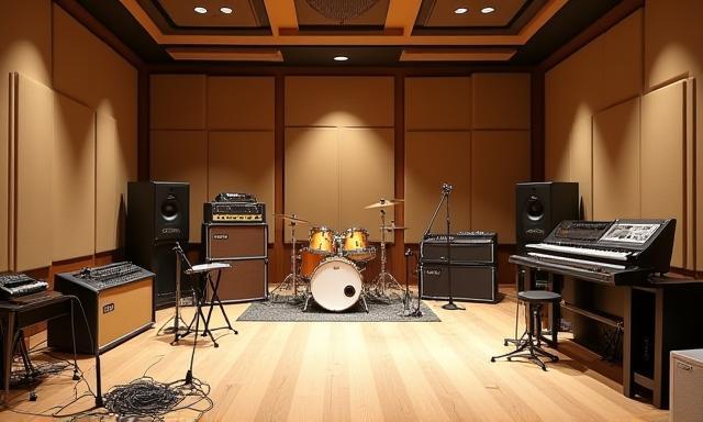 Sala de gravação ao vivo com instrumentos